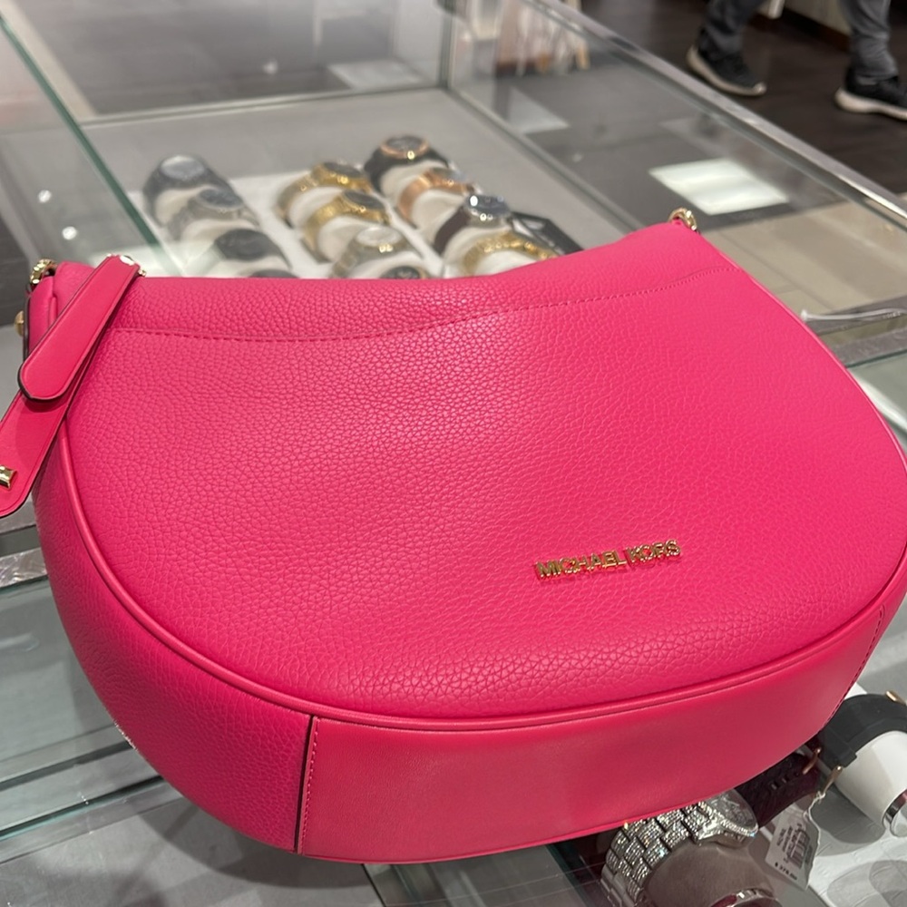 Michael Kors Dover Large Leather Top Zip Half Moon Shoulder Bag in Electric Pink - Picture 7 of 16